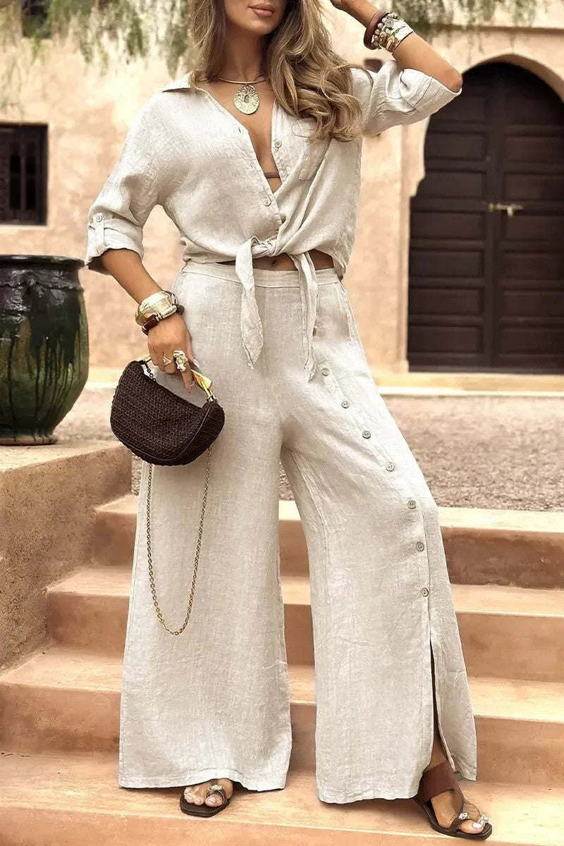 Conjunto Luna em Linho Natural - Modelagem Pantalona e Tecido Respirável — Baviore
