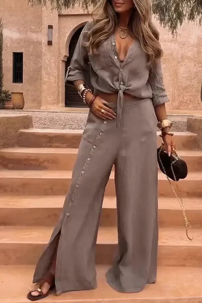 Conjunto Luna em Linho Natural - Modelagem Pantalona e Tecido Respirável — Baviore