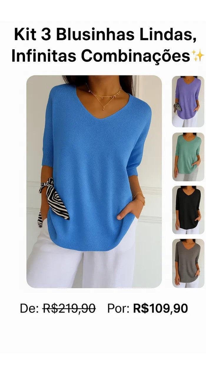 Kit 3 Blusas Luna® em Malha Leve – Decote V — Baviore