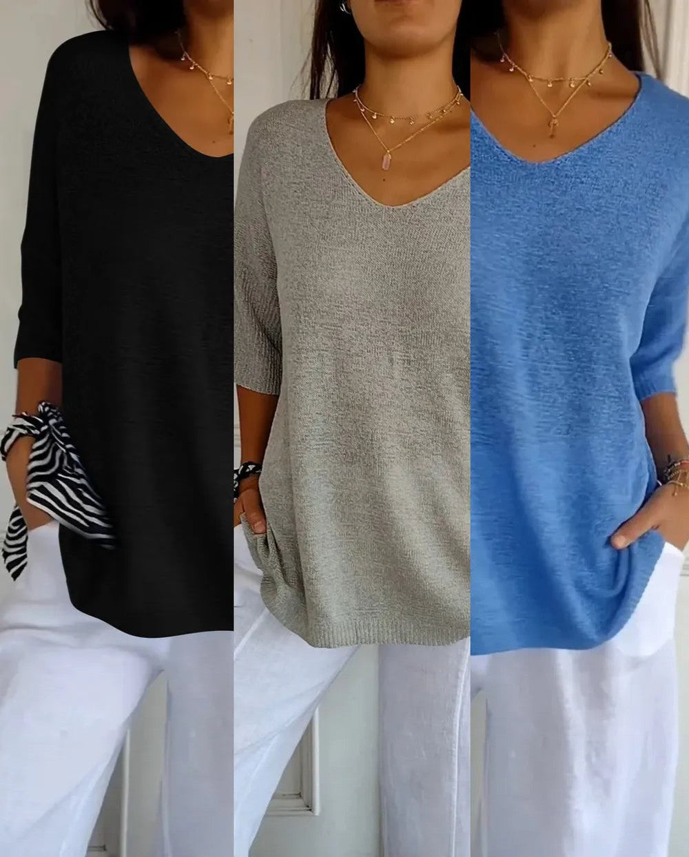 Kit 3 Blusas Luna® em Malha Leve – Decote V — Baviore