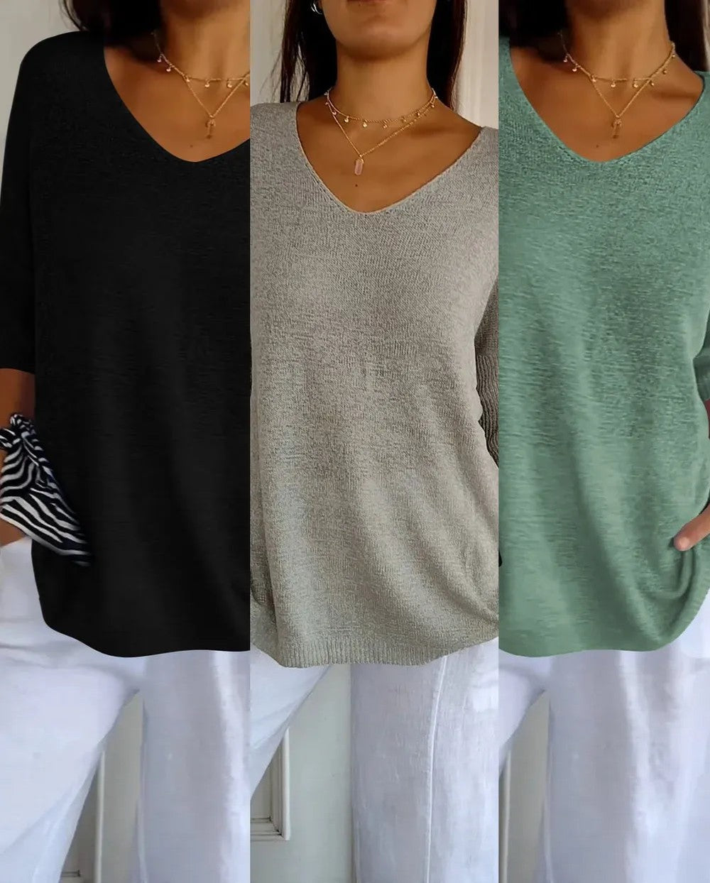 Kit 3 Blusas Luna® em Malha Leve – Decote V — Baviore