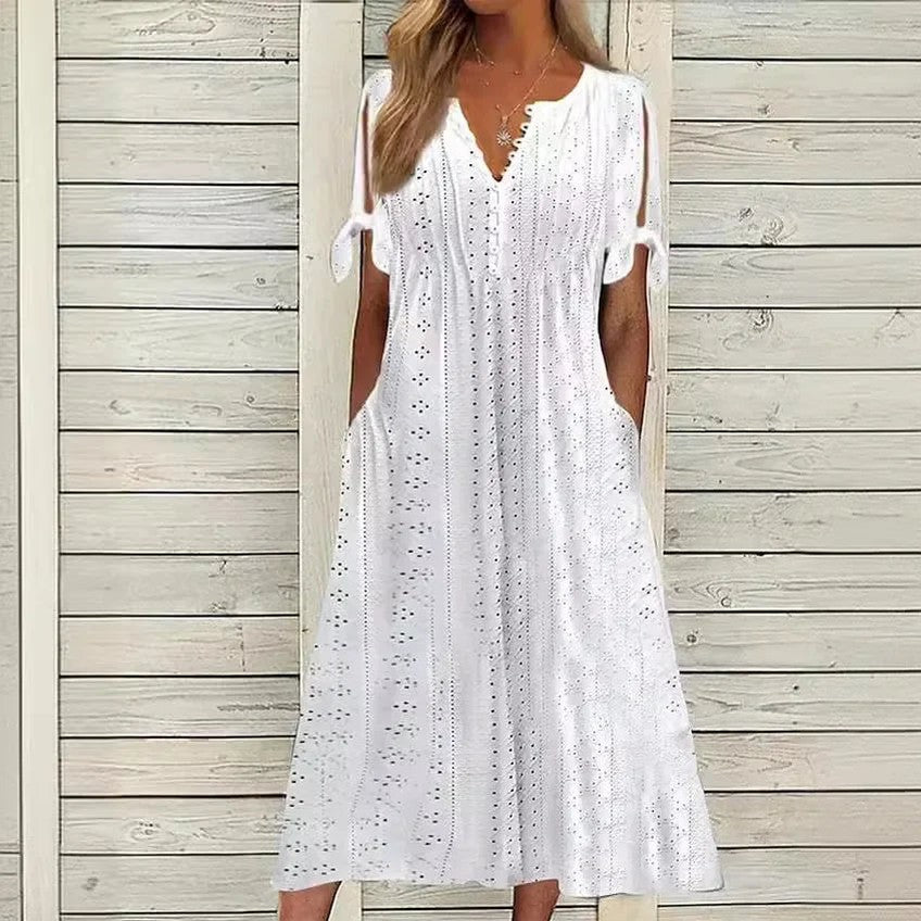 Vestido de Renda Jana - Gola em V de Manga Curta (Verão 2026) — Baviore