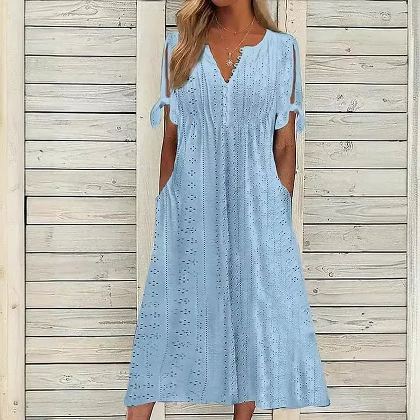 Vestido de Renda Jana - Gola em V de Manga Curta (Verão 2026) — Baviore