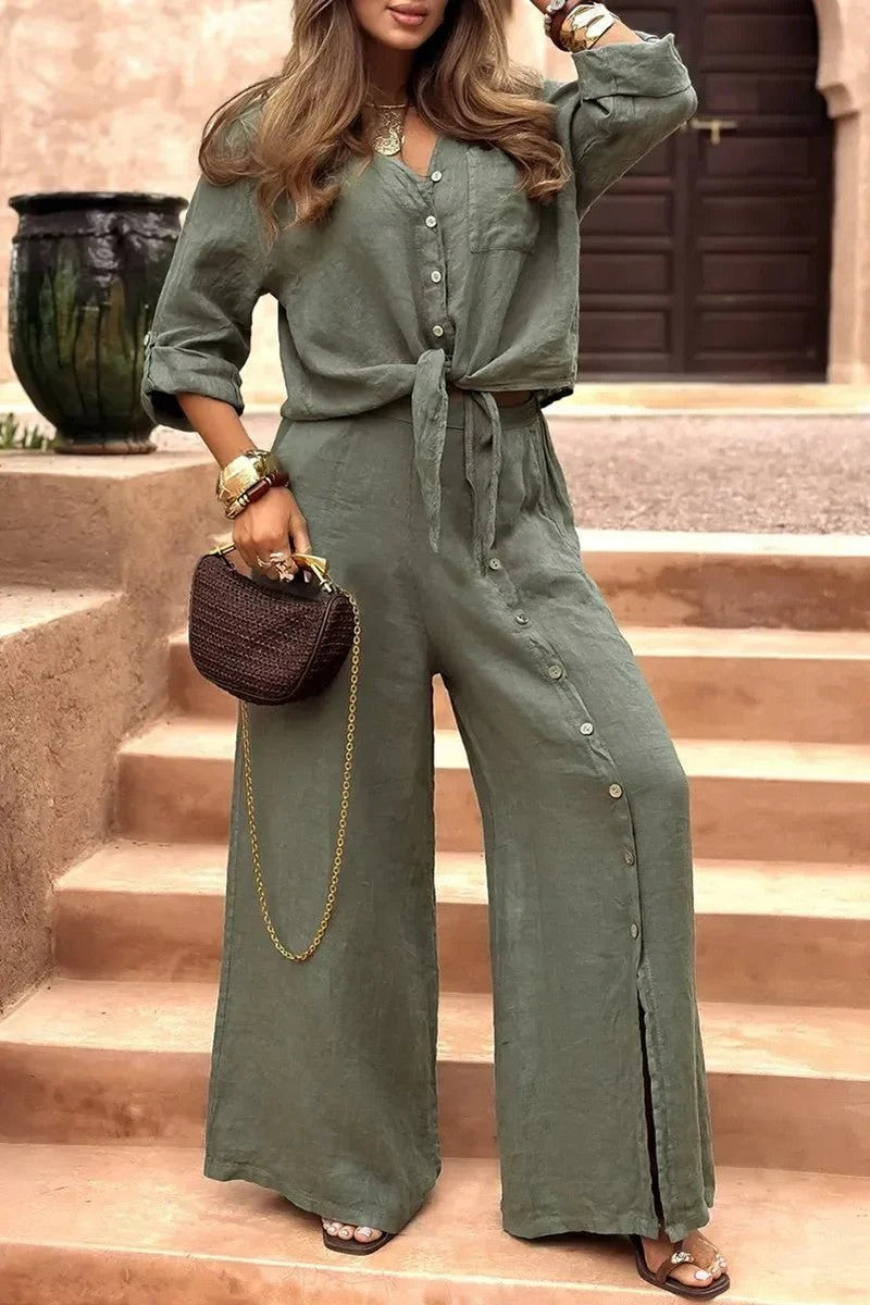 Conjunto Luna em Linho Natural - Modelagem Pantalona e Tecido Respirável — Baviore