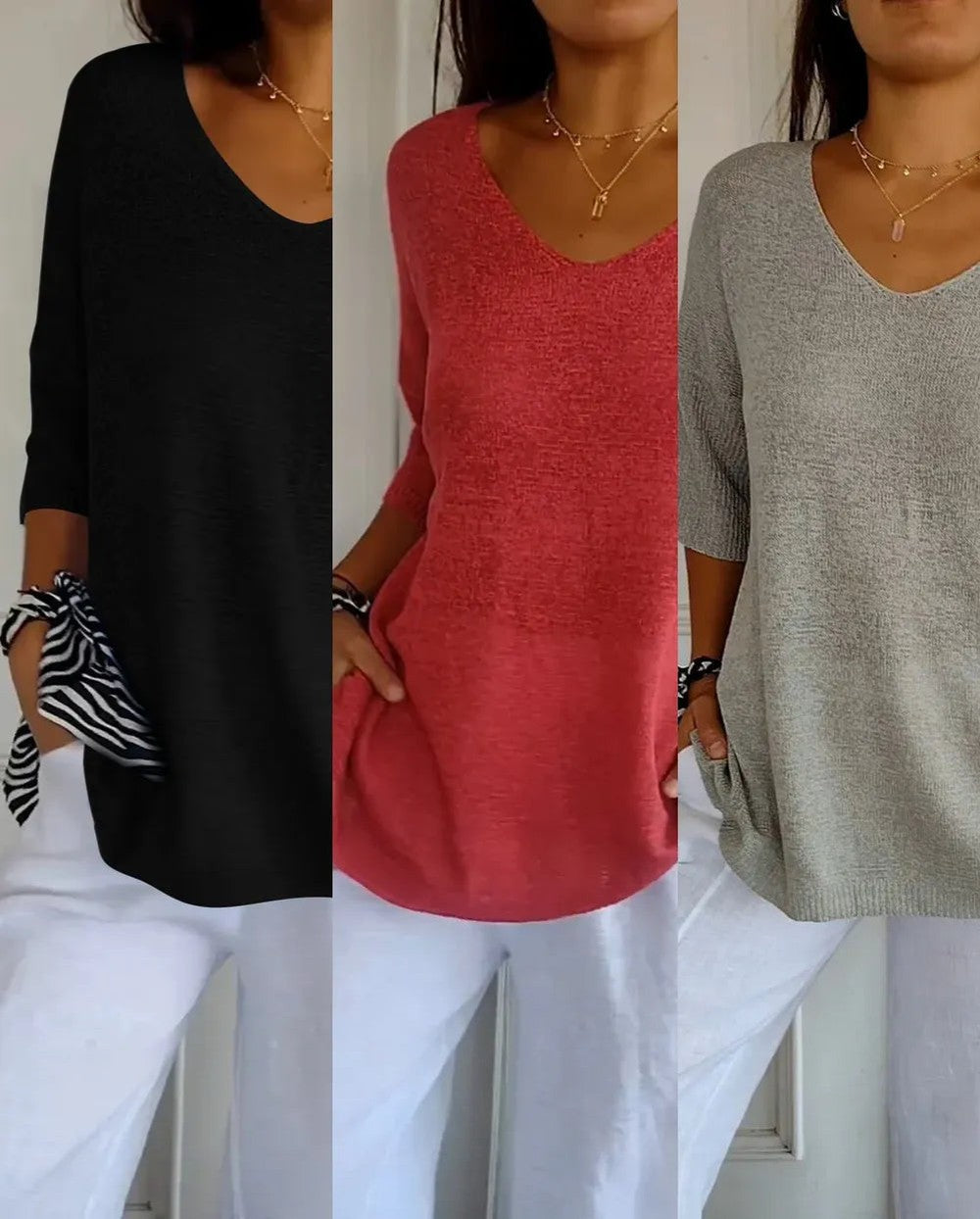 Kit 3 Blusas Luna® em Malha Leve – Decote V — Baviore