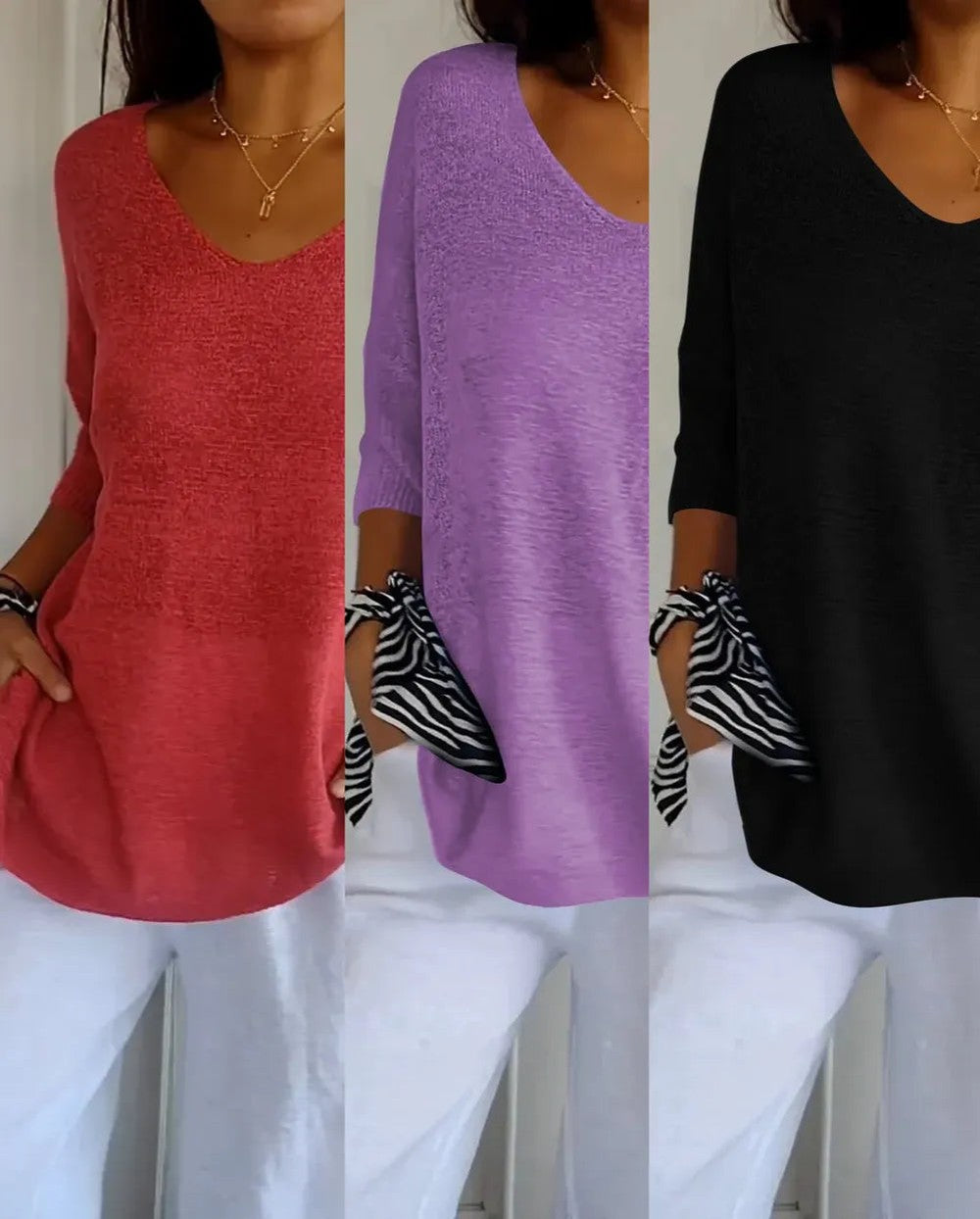 Kit 3 Blusas Luna® em Malha Leve – Decote V — Baviore