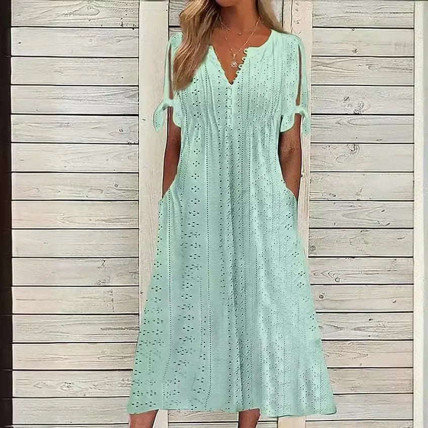 Vestido de Renda Jana - Gola em V de Manga Curta (Verão 2026) — Baviore