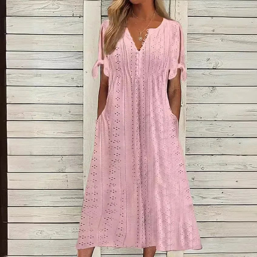 Vestido de Renda Jana - Gola em V de Manga Curta (Verão 2026) — Baviore