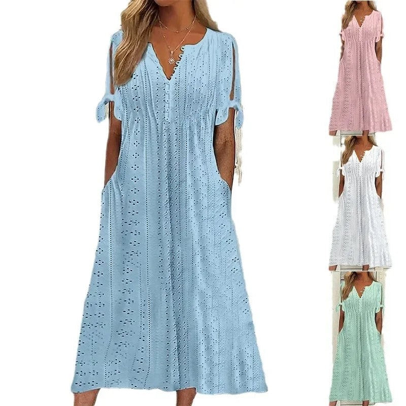 Vestido de Renda Jana - Gola em V de Manga Curta (Verão 2026) — Baviore